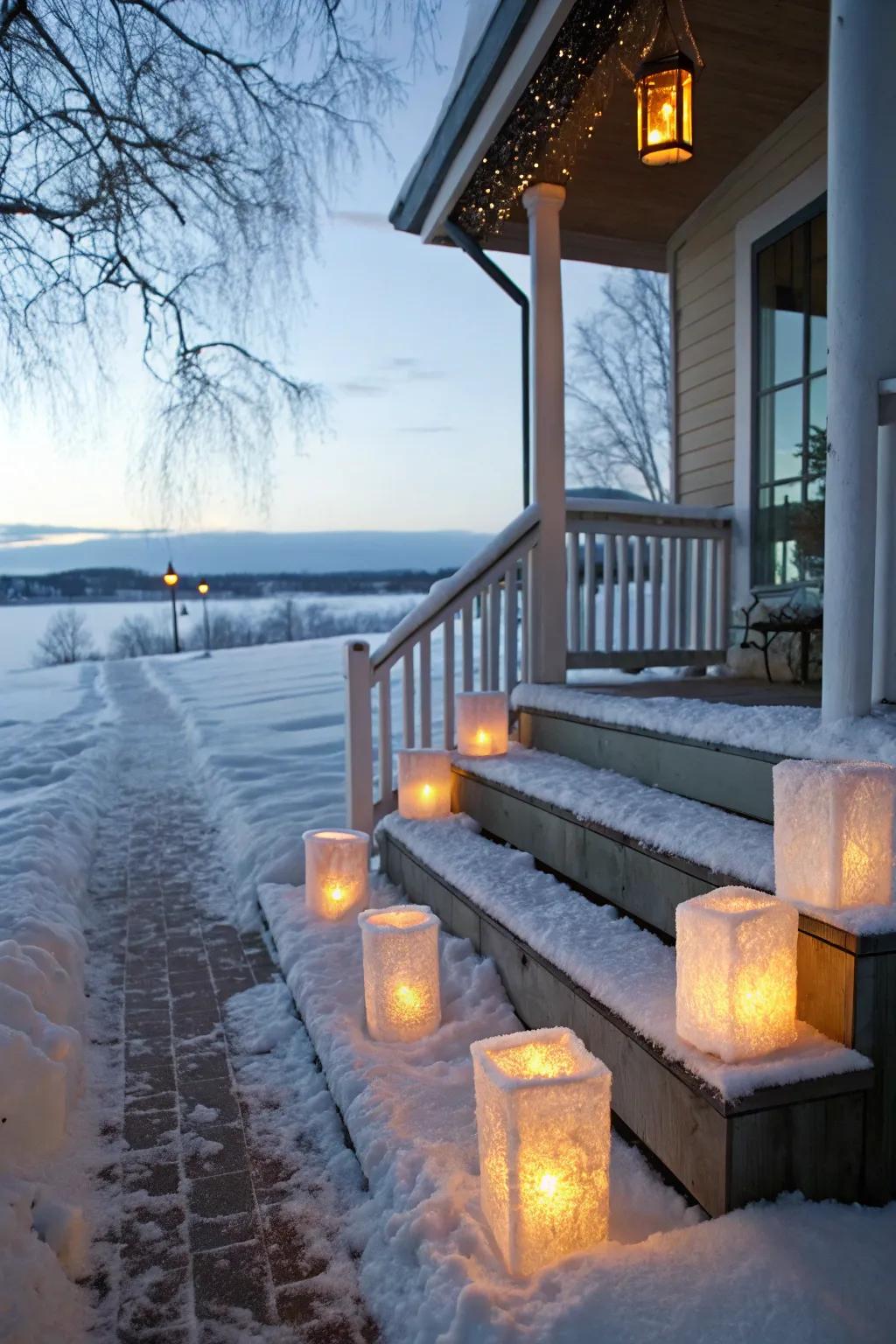 Enchanting ice lanterns light up this winter porch.