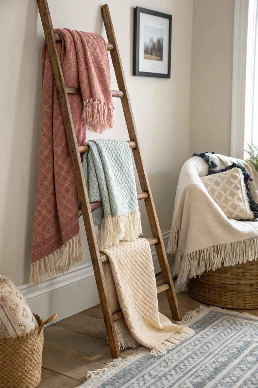 A cozy blanket ladder display invites warmth into the living room.