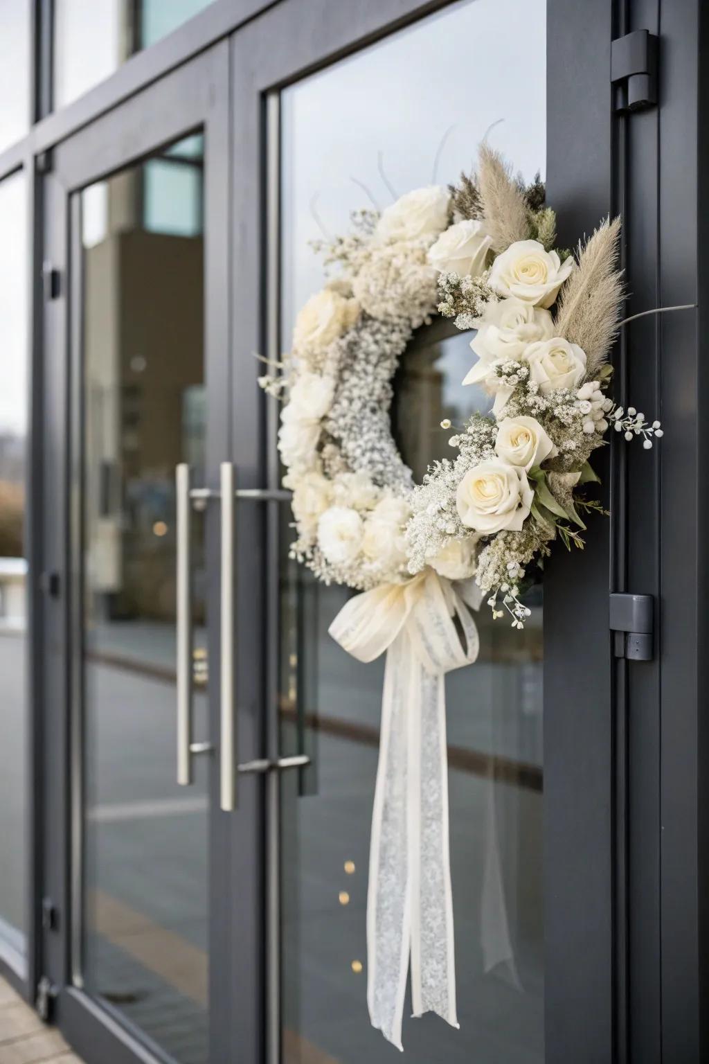 Monochrome tones create a serene and sophisticated winter wreath.