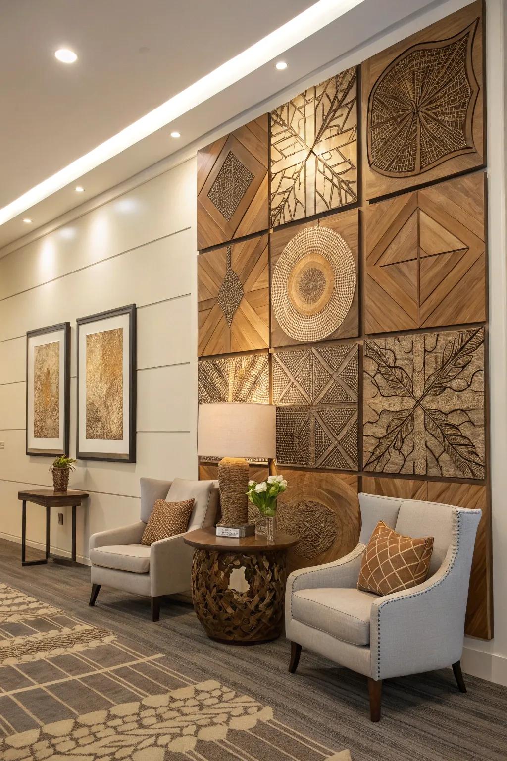 A room showcasing artistic wood panel artwork.