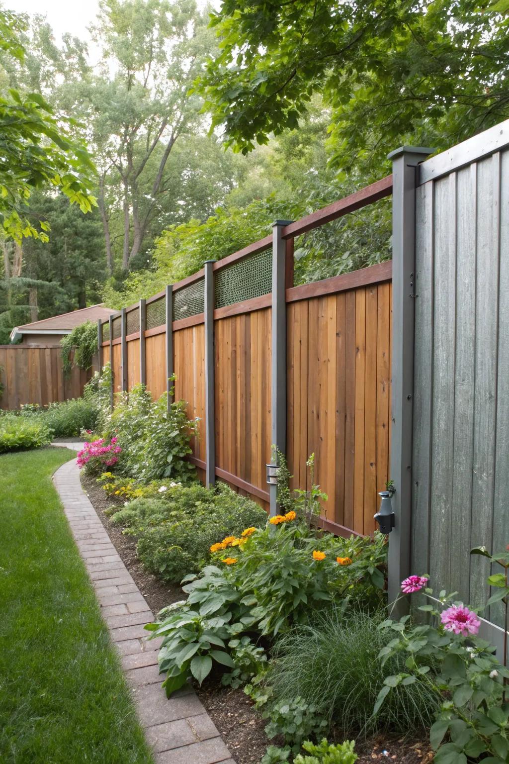 A unique privacy fence with a mix of wood and metal materials.