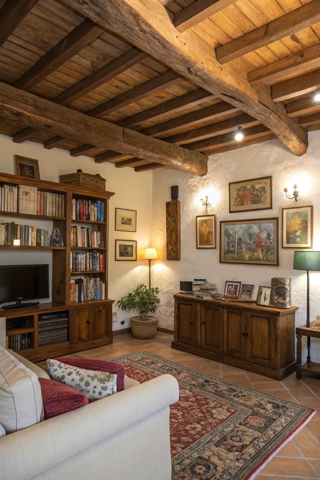 Personalized living room with art and shelves under wood beams.