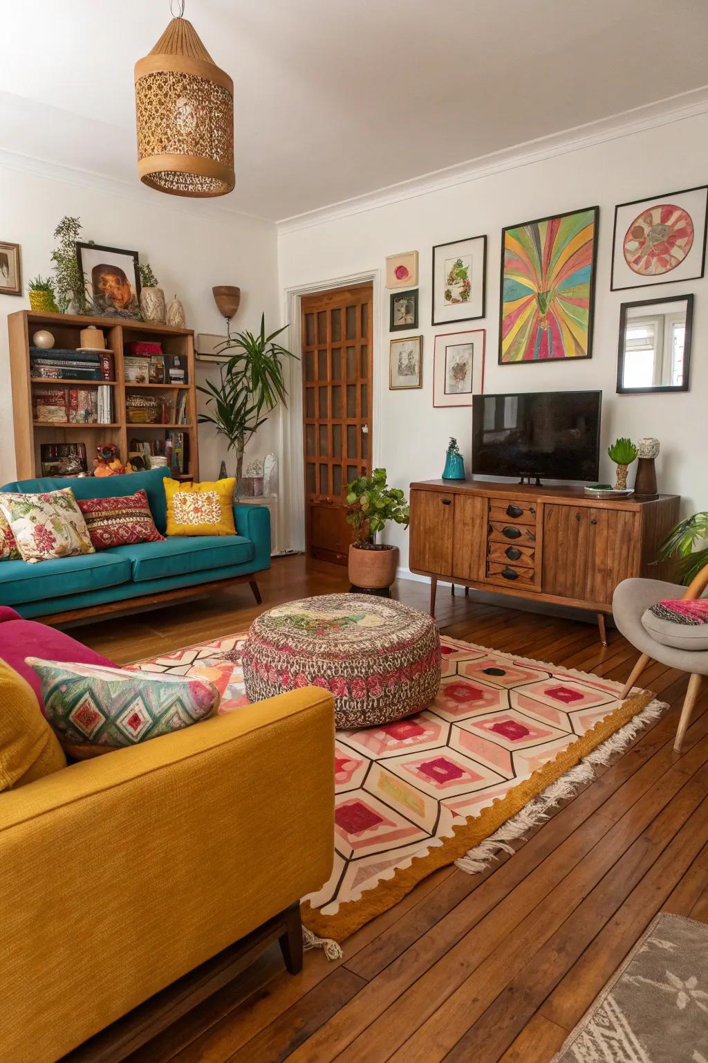 An eclectic living room with a rich mix of wood tones.