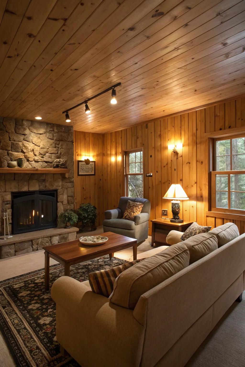 A living room where lighting highlights wood panel textures.
