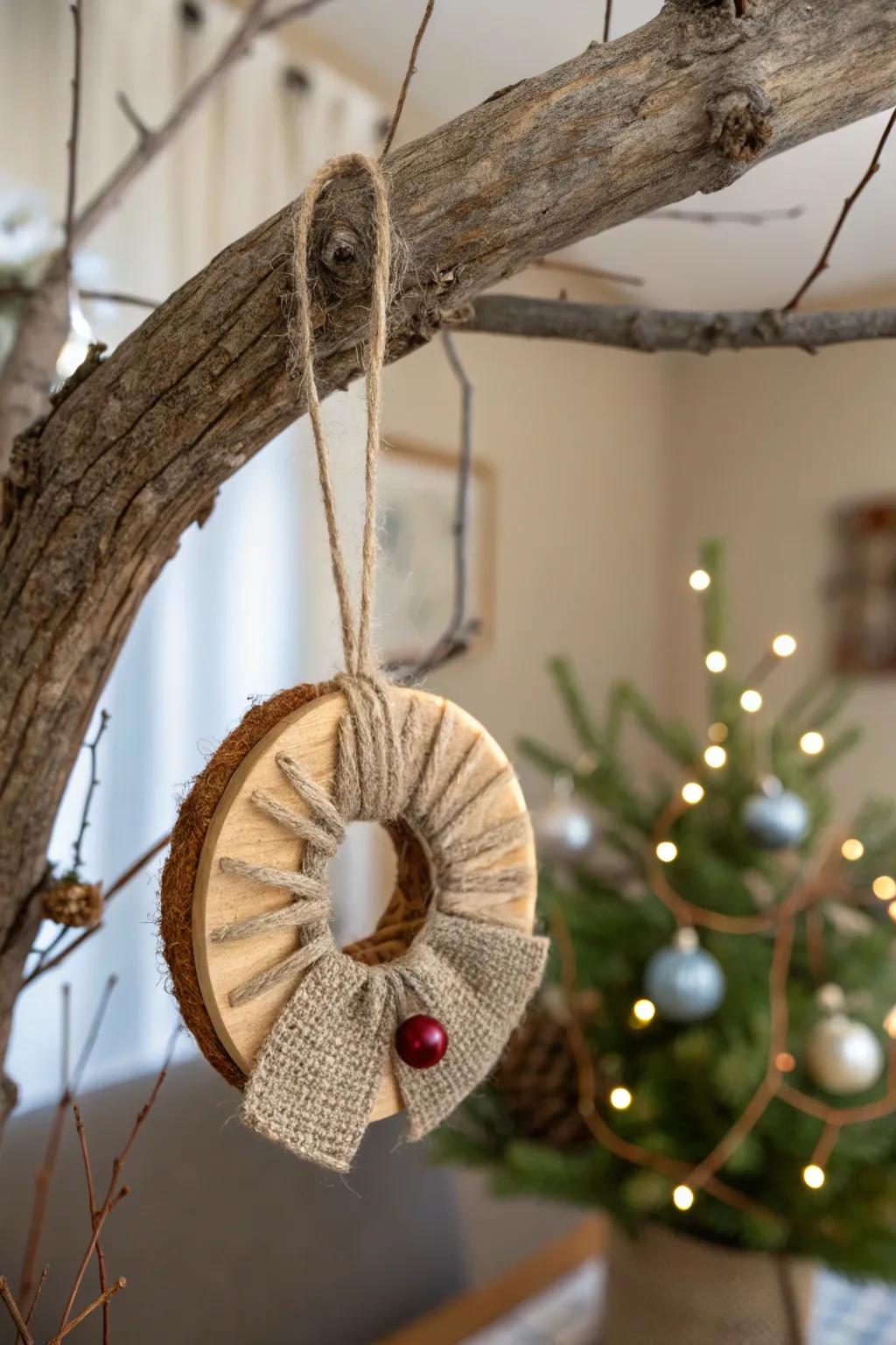 Textured fabric accents add warmth to wooden circle ornaments.