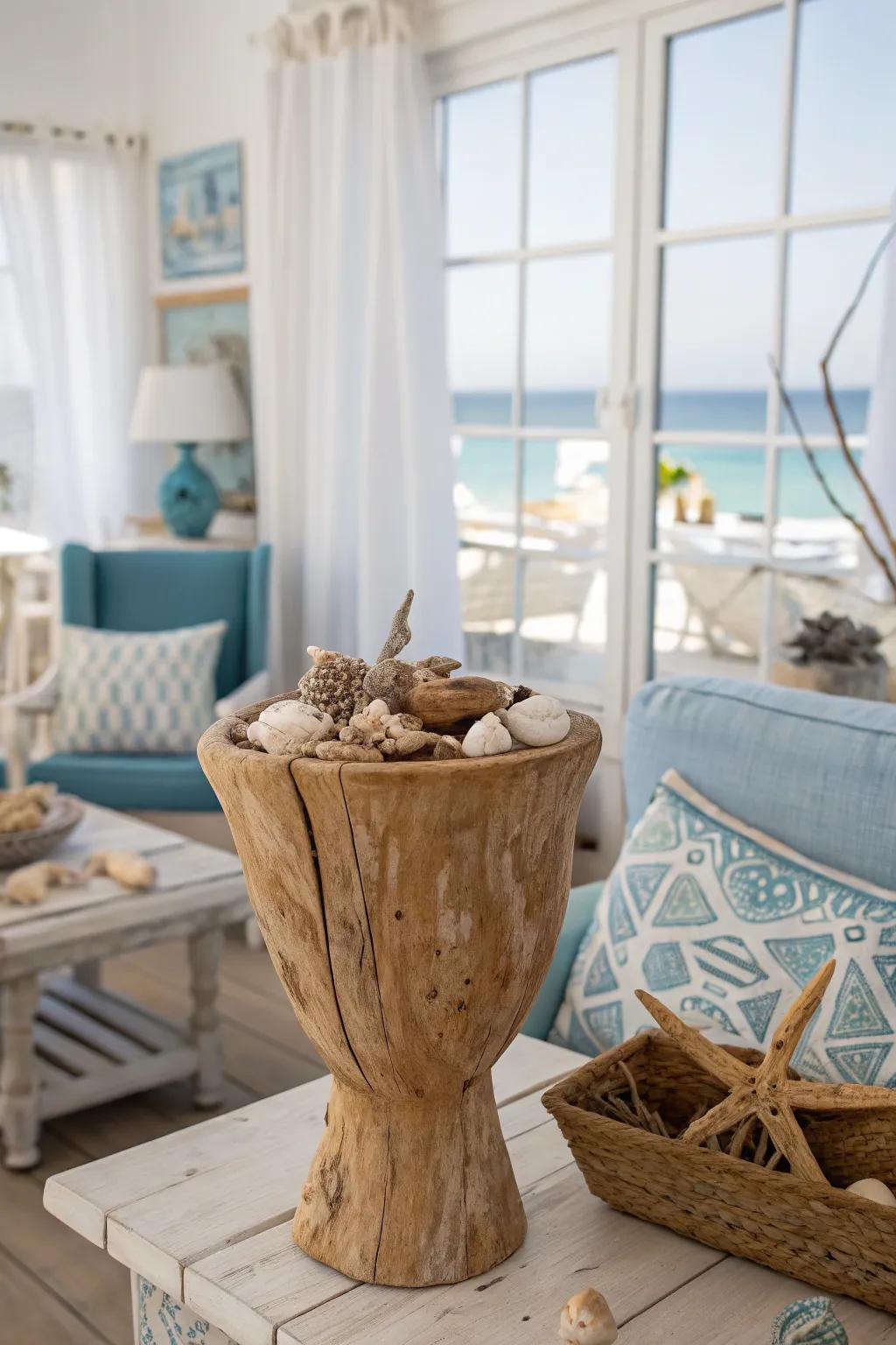 Add coastal charm with driftwood-decorated wooden vases.