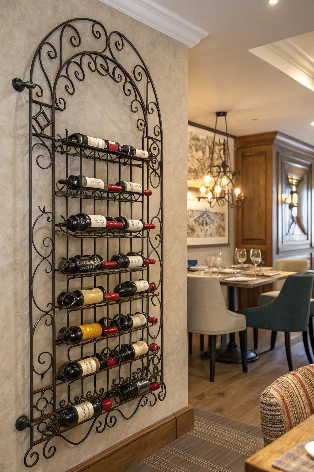 A wrought iron wine rack showcases your passion with style.