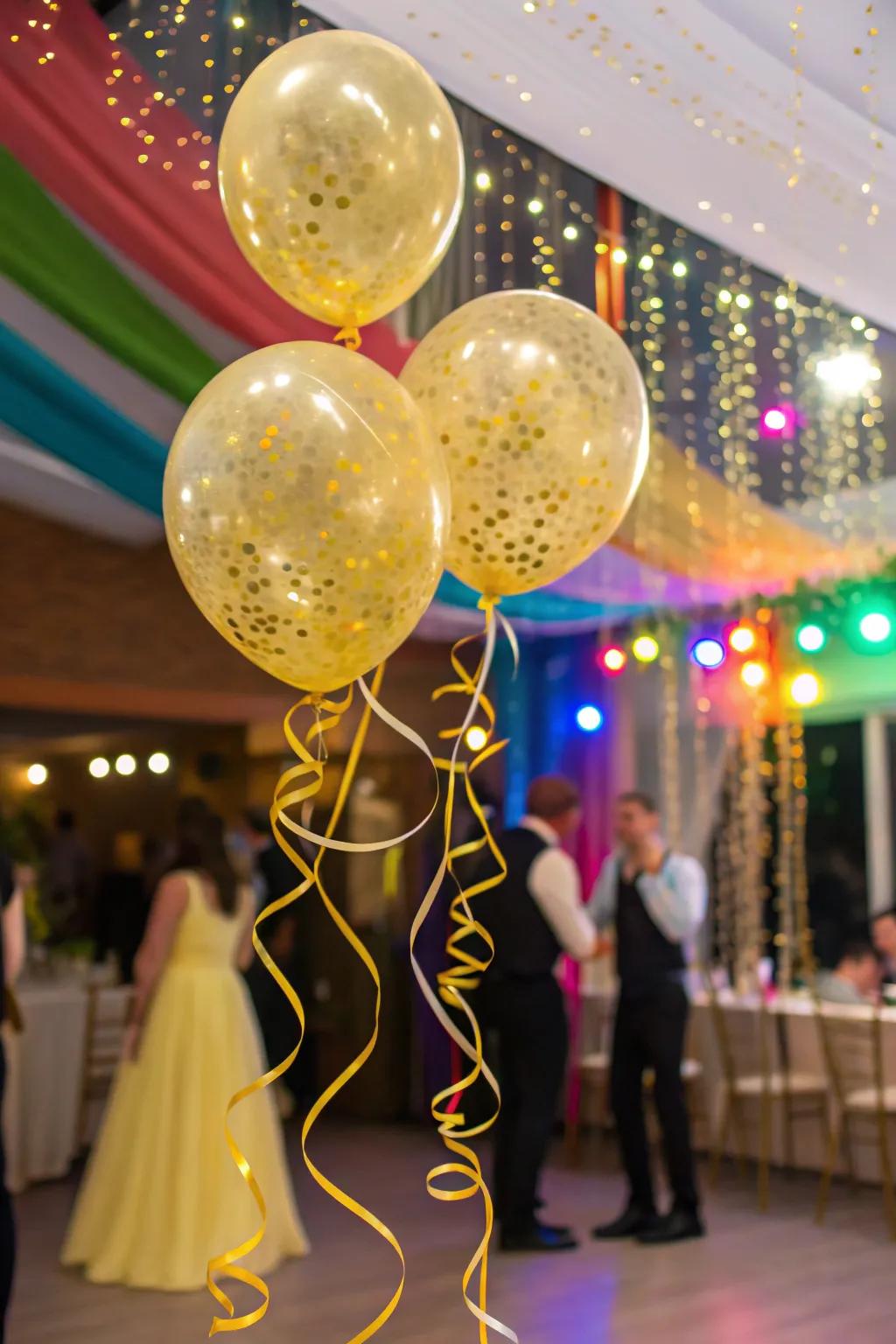 Confetti-filled transparent yellow balloons for playful decor.