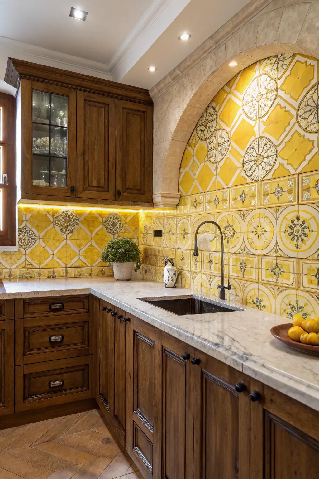 Decorative yellow tiles create a stunning visual impact in a kitchen.