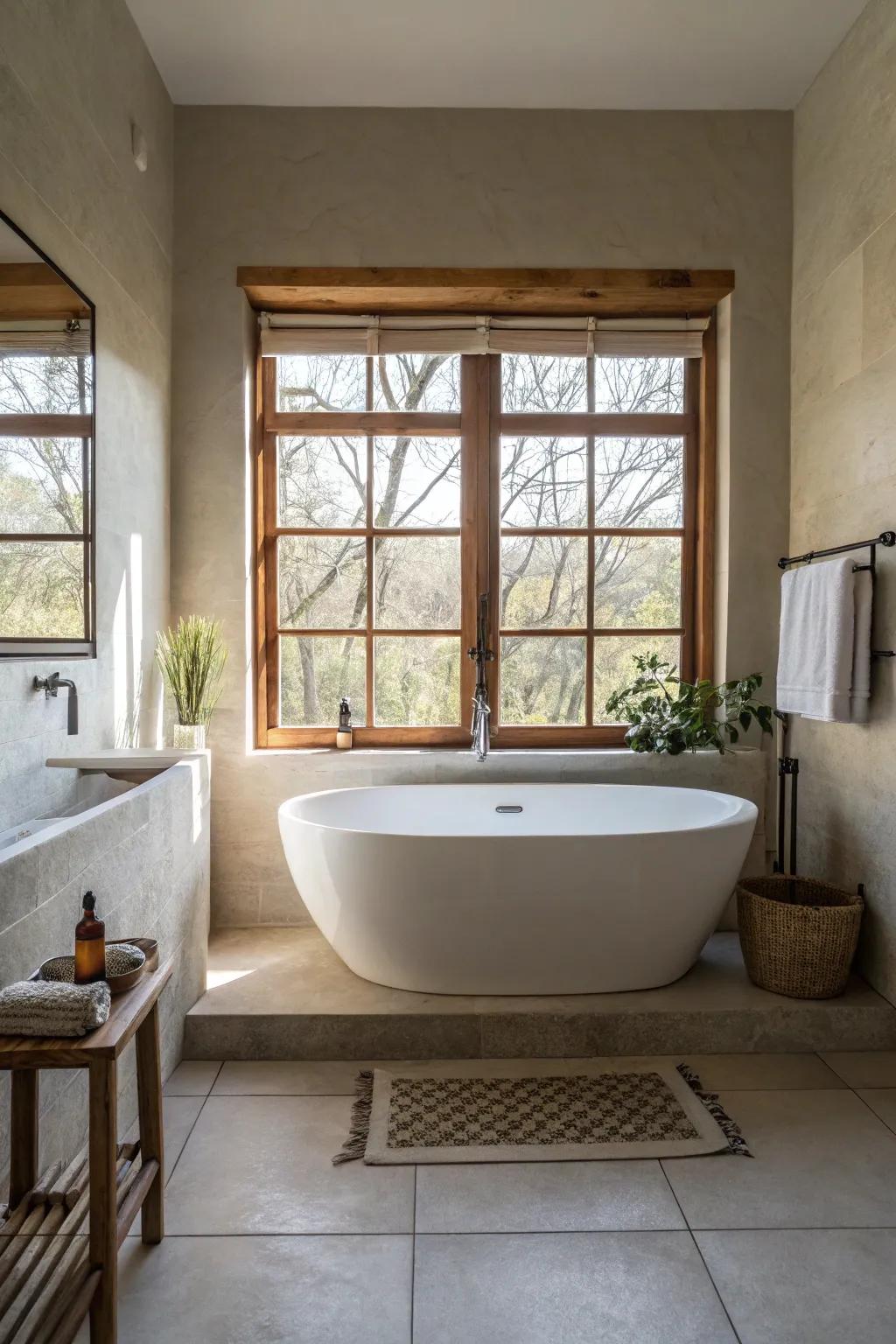 A centerpiece bathtub is a luxurious focal point in a zen bathroom.